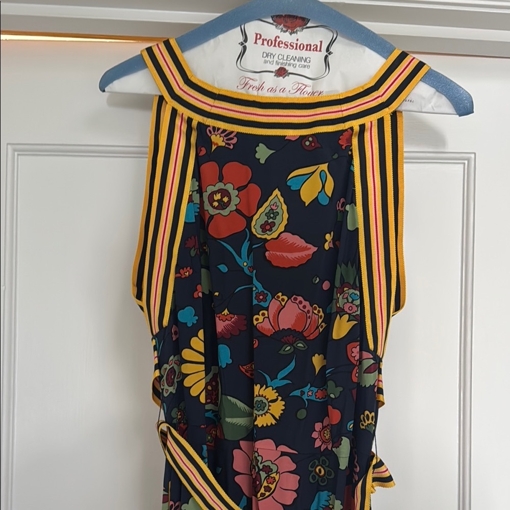 Boden Floral Dress with Striped Trim
